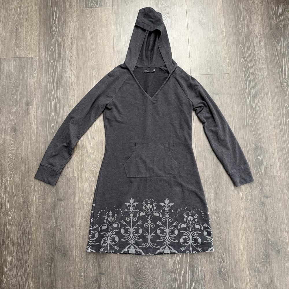 Women's Charcoal Hooded V-Neck Sweater Dress with Printed Hem